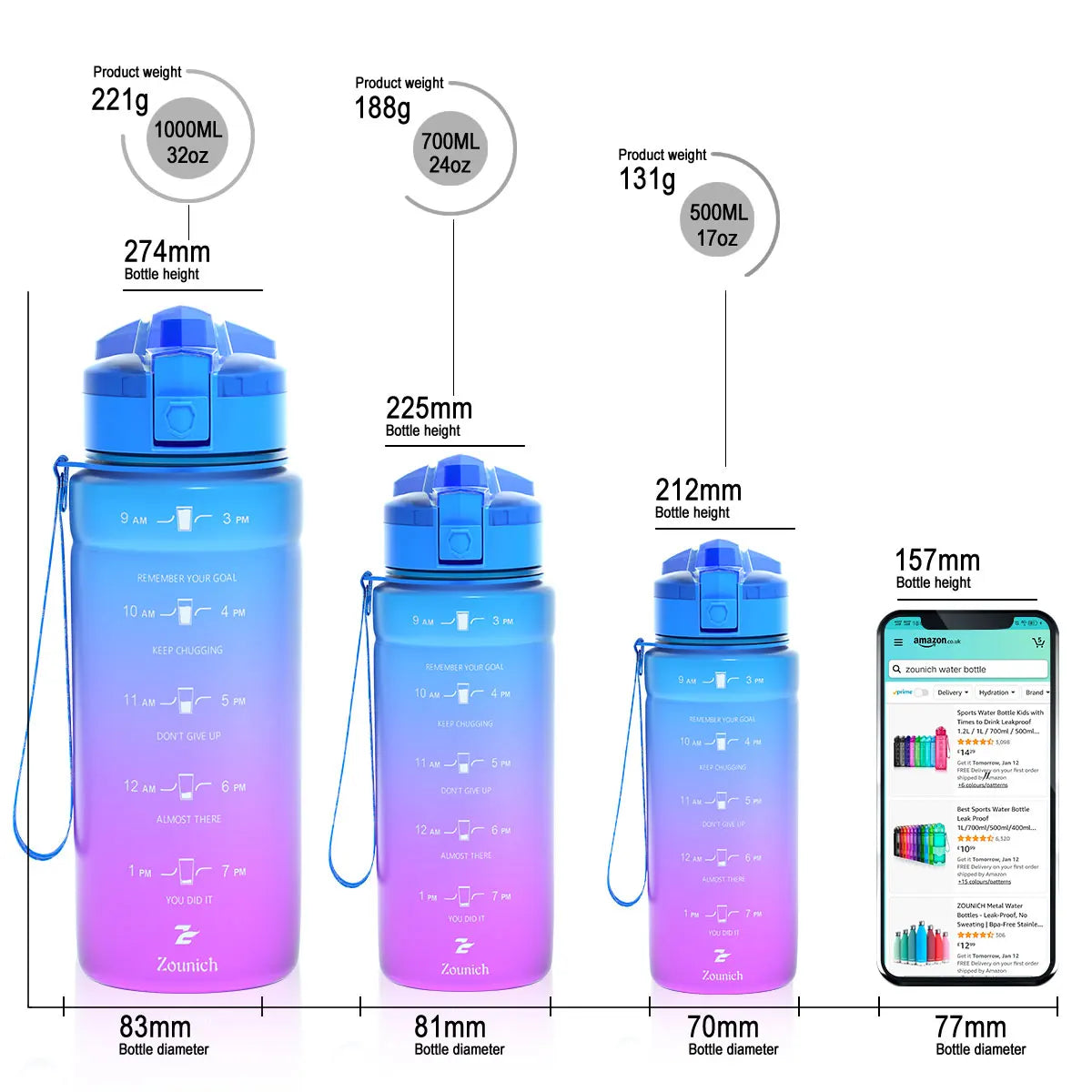 ZORRI 500/700/1000ML Plastic Gradient Water Bottles Cycling Outdoor Shaker Drinking Bottles BPA Free Leak-proof Drinkware