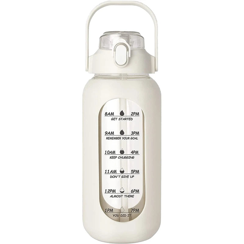 1000ML Glass Water Bottles With Straw, Glass Bottle With Silicone Sleeve And Time Marker, For Gym Home Office