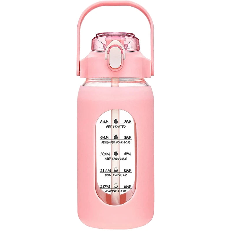 1000ML Glass Water Bottles With Straw, Glass Bottle With Silicone Sleeve And Time Marker, For Gym Home Office