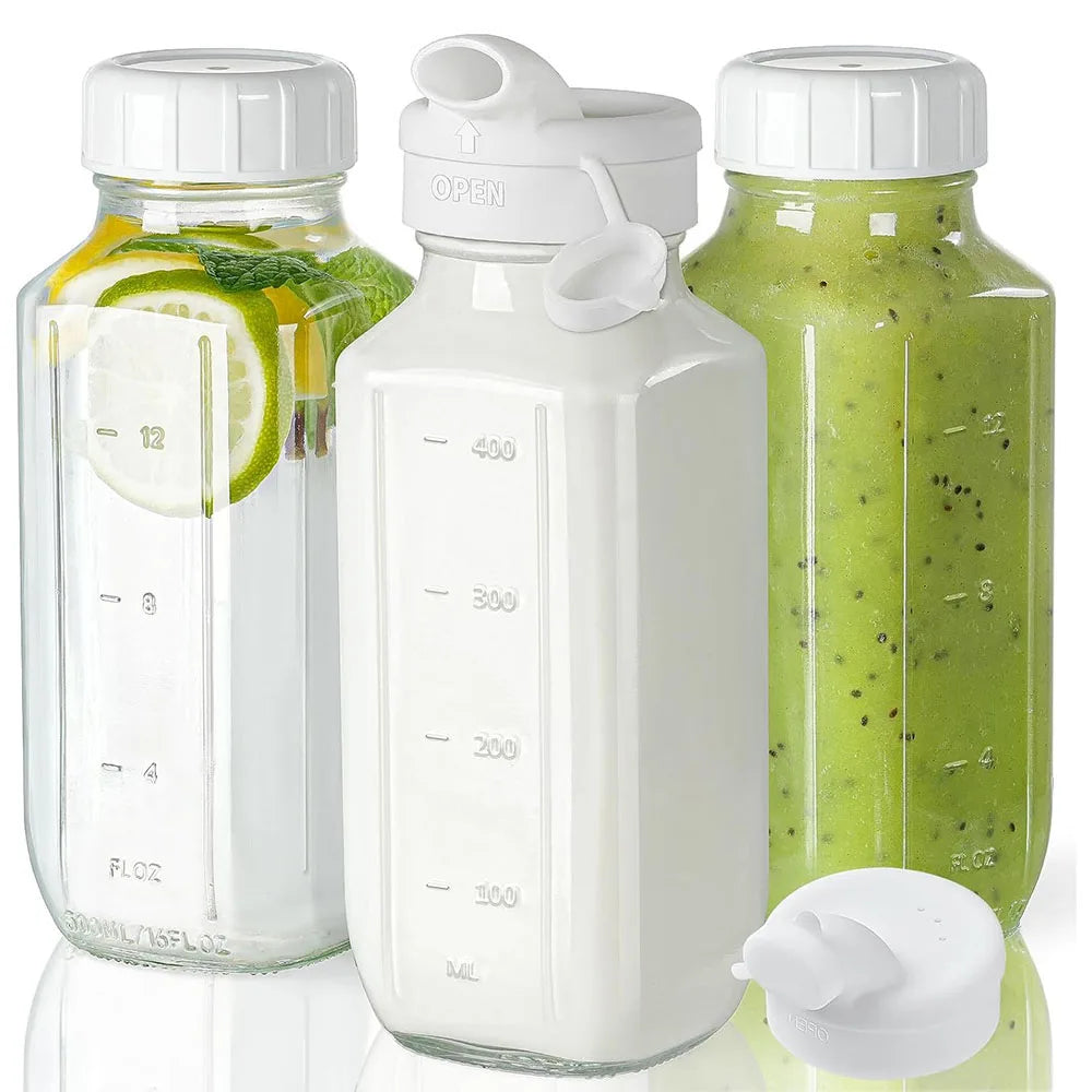 Glass Juice Bottles with Lids,Clear Glass Water Bottles with Pour Spouts,16Oz Reusable Milk Jug for Juicing Containers
