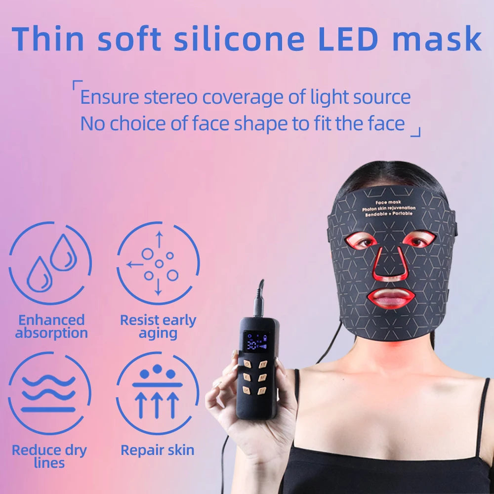 Red Light Infrared Therapy Silicone Wireless 3 Colors LED Light Photon LED Face Mask for Brightness Reduce Wrinkle Anti Aging  Acne Facial Care