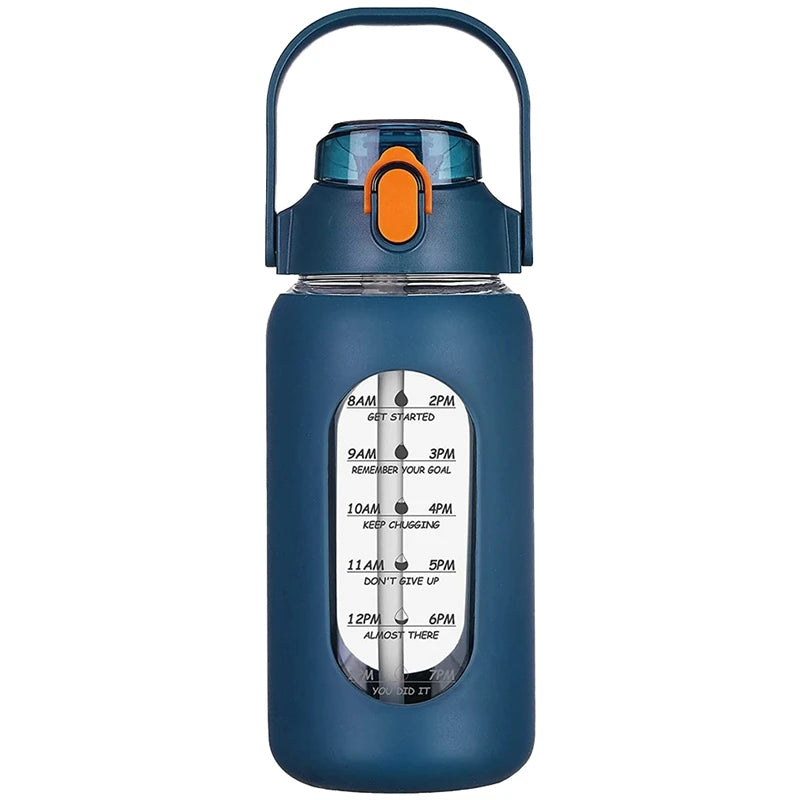 1000ML Glass Water Bottles With Straw, Glass Bottle With Silicone Sleeve And Time Marker, For Gym Home Office