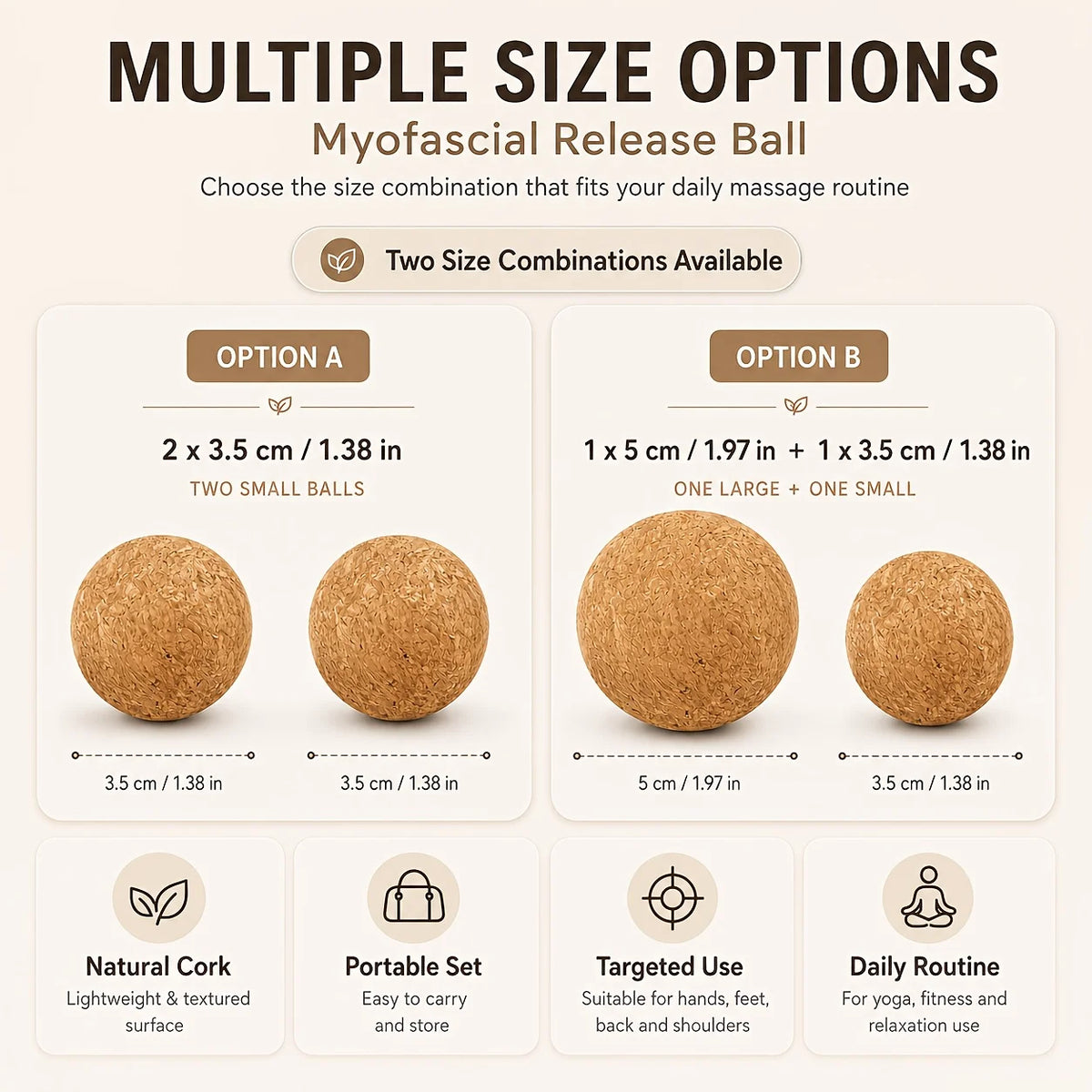 Multi‑Size Cork Massage Ball Set, Myofascial Release Balls, Portable Tool for Yoga Fitness and Daily Body Relaxation