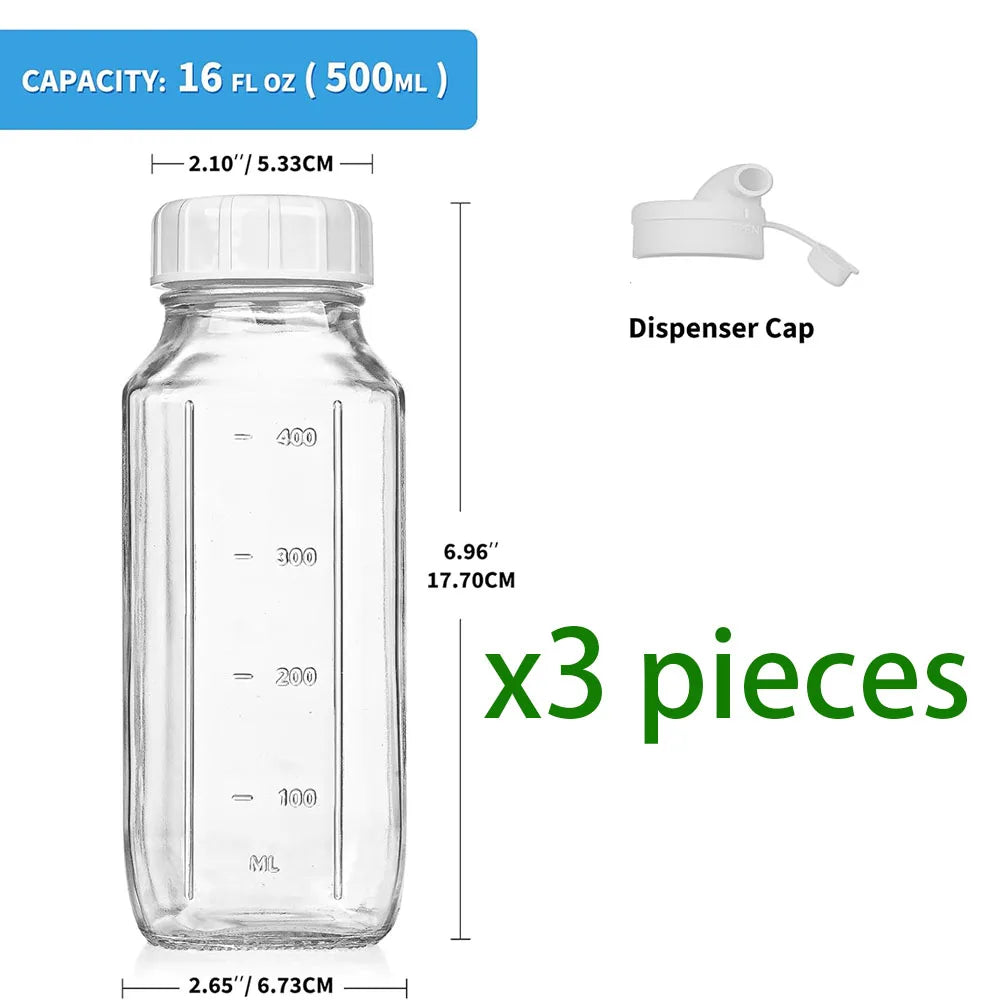 Glass Juice Bottles with Lids,Clear Glass Water Bottles with Pour Spouts,16Oz Reusable Milk Jug for Juicing Containers