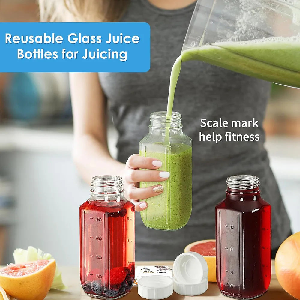 Glass Juice Bottles with Lids,Clear Glass Water Bottles with Pour Spouts,16Oz Reusable Milk Jug for Juicing Containers