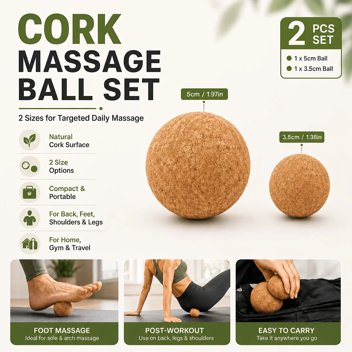 Multi‑Size Cork Massage Ball Set, Myofascial Release Balls, Portable Tool for Yoga Fitness and Daily Body Relaxation